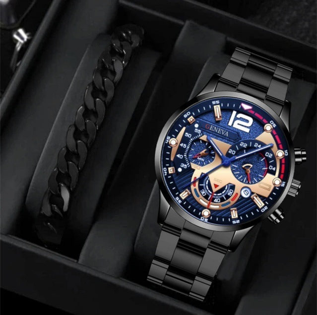 Men's 2-Piece Quartz Watch & Bracelet Set – Fashion Steel Strap Business Watch with Three-Eye Dial