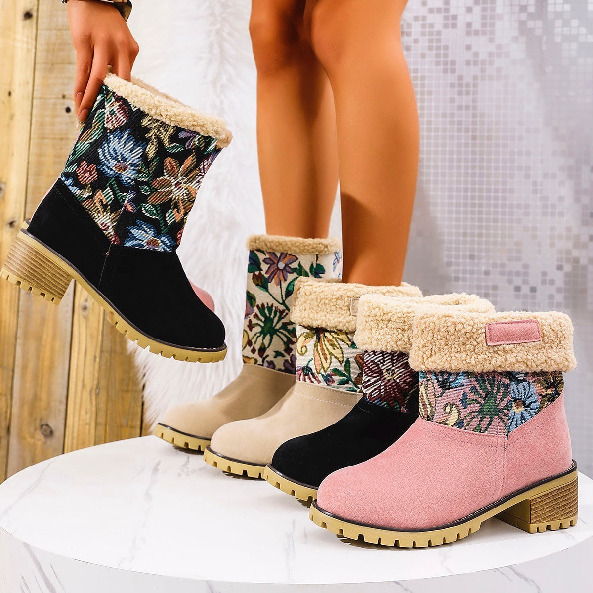 Women's Embroidered Ethnic Snow Boots – Warm Mid-Calf Winter Shoes with Platform & Thick Heel