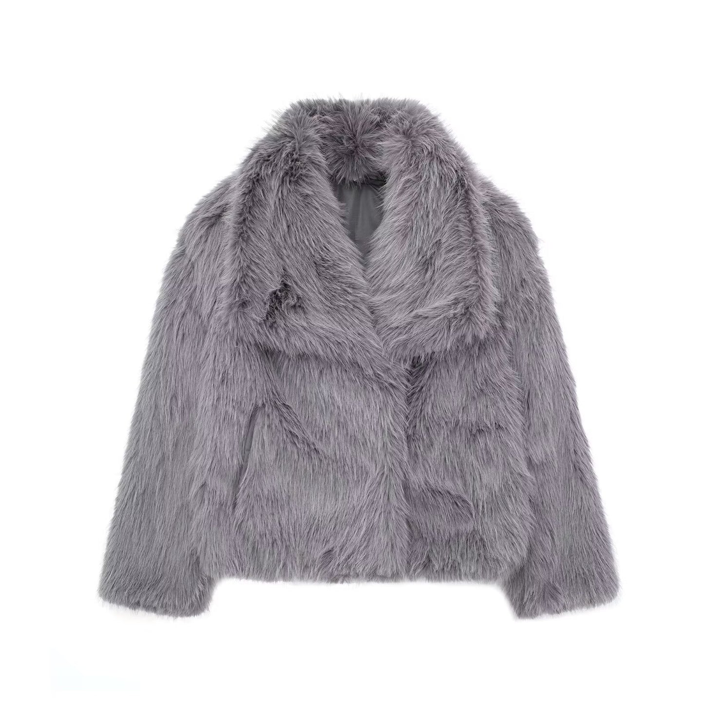 Women's Winter Plush Coat – Thick Lapel Casual Outerwear with Long Sleeves