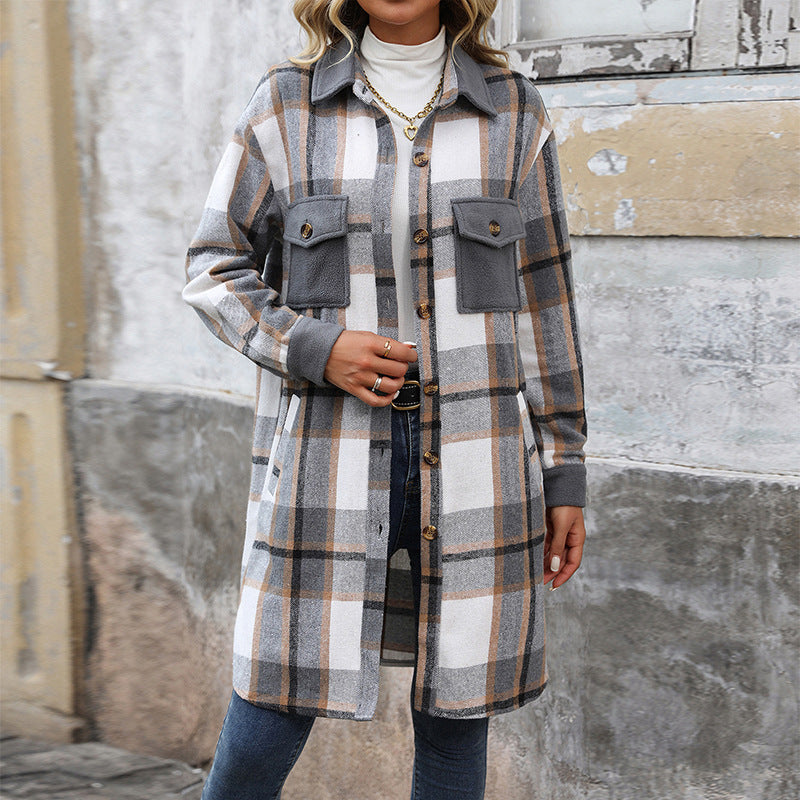 Women's Brushed Plaid Long Winter Coat – Stylish Warm Jacket with Pockets