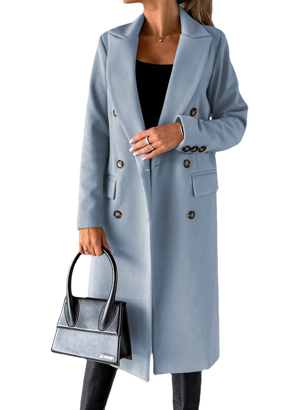 Women's Long Double-Breasted Winter Coat – Slim Fit Lapel Jacket with Long Sleeves