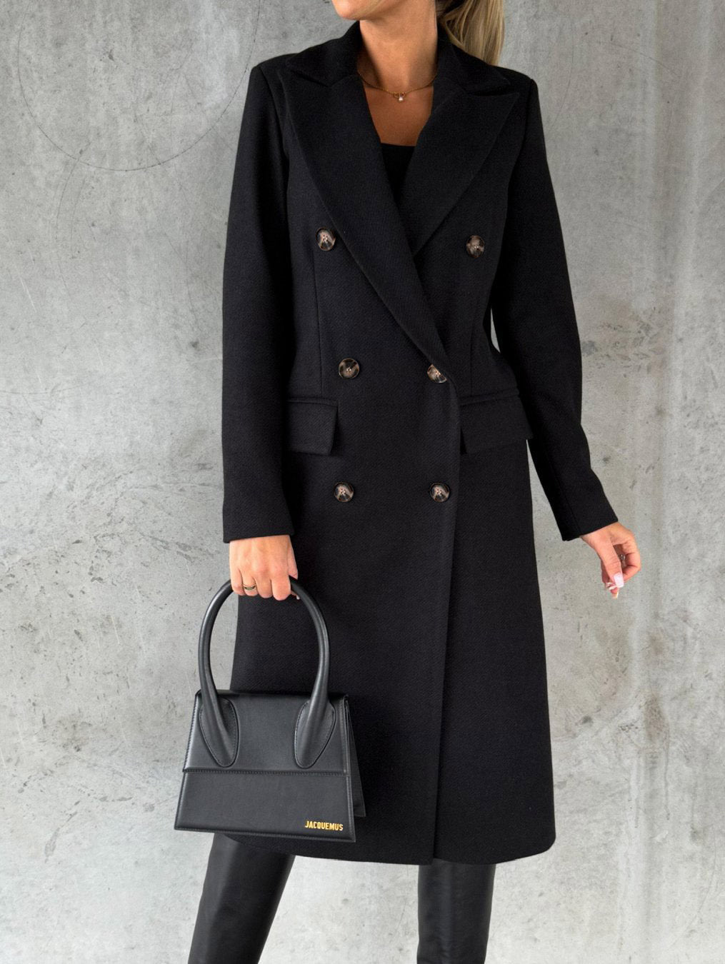Women's Long Double-Breasted Winter Coat – Slim Fit Lapel Jacket with Long Sleeves