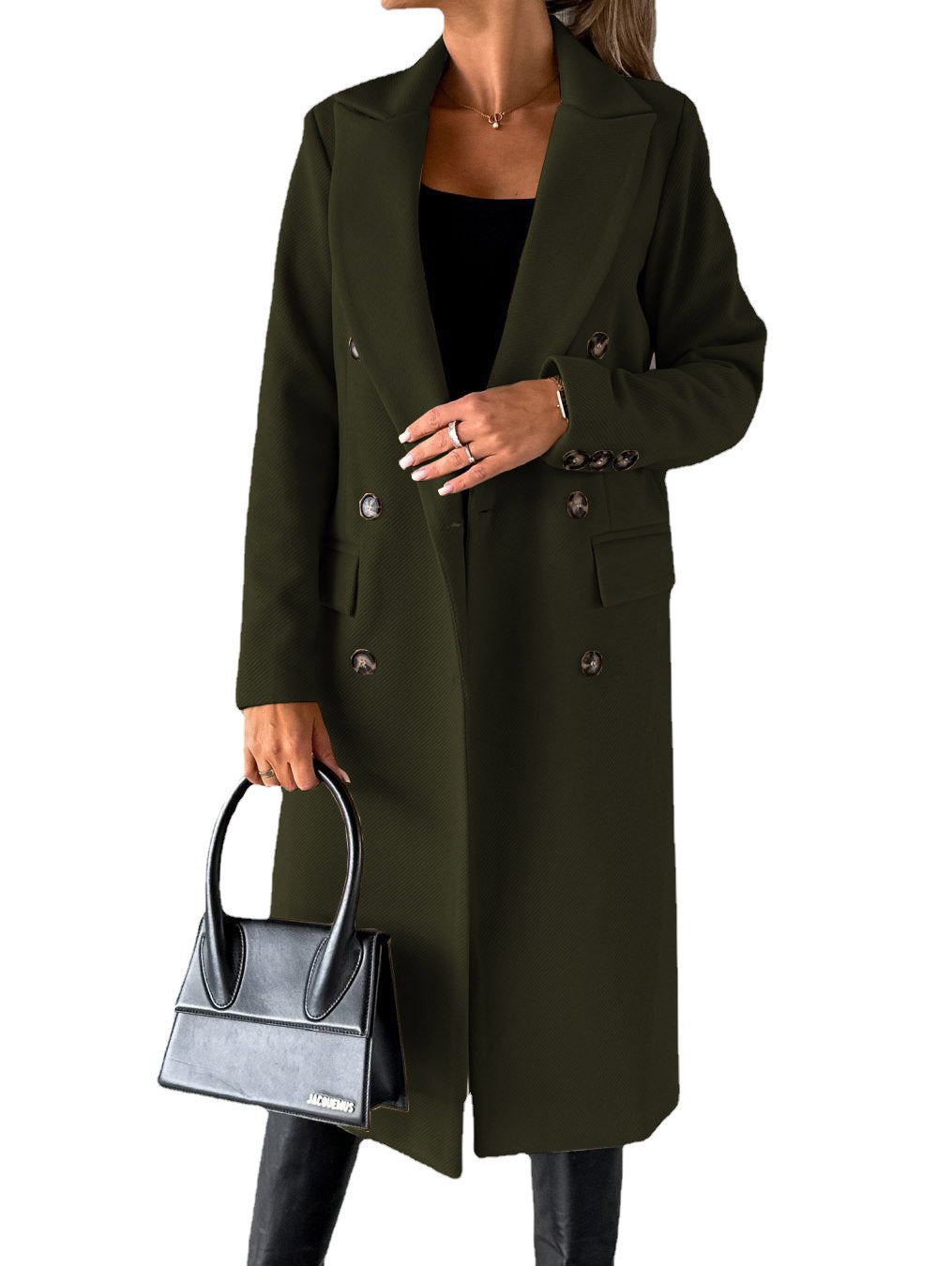 Women's Long Double-Breasted Winter Coat – Slim Fit Lapel Jacket with Long Sleeves
