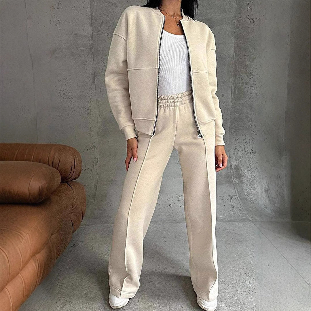 Women's Two-Piece Sports Suit – Zipper Jacket & Wide Leg Pants Set