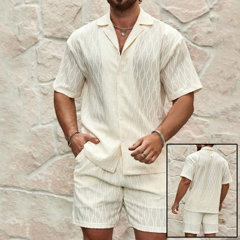 Men's Summer Tracksuit Set – Casual Solid Color Button Shirt & Shorts Outfit for Beach & Holiday Wear