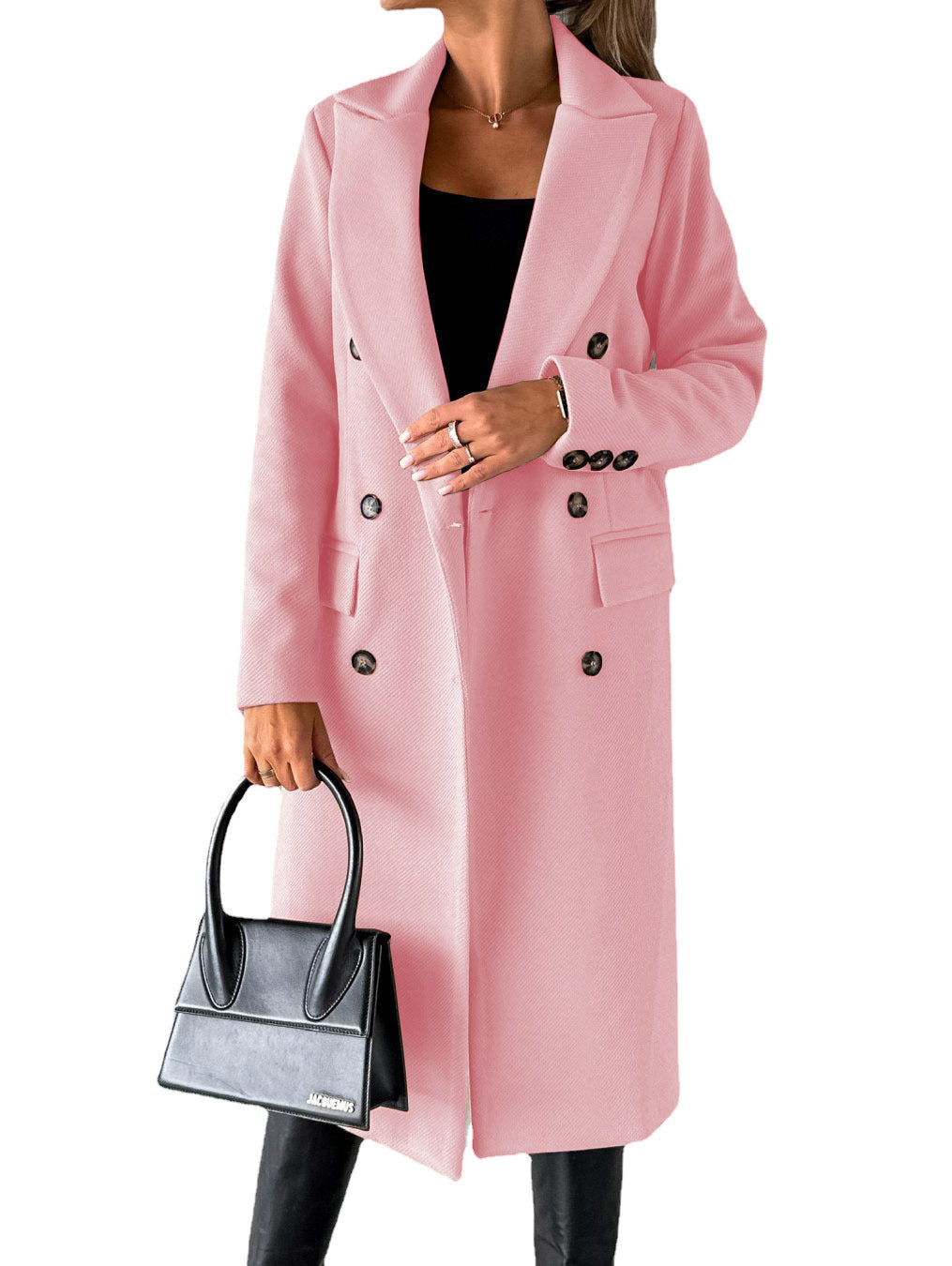 Women's Long Double-Breasted Winter Coat – Slim Fit Lapel Jacket with Long Sleeves