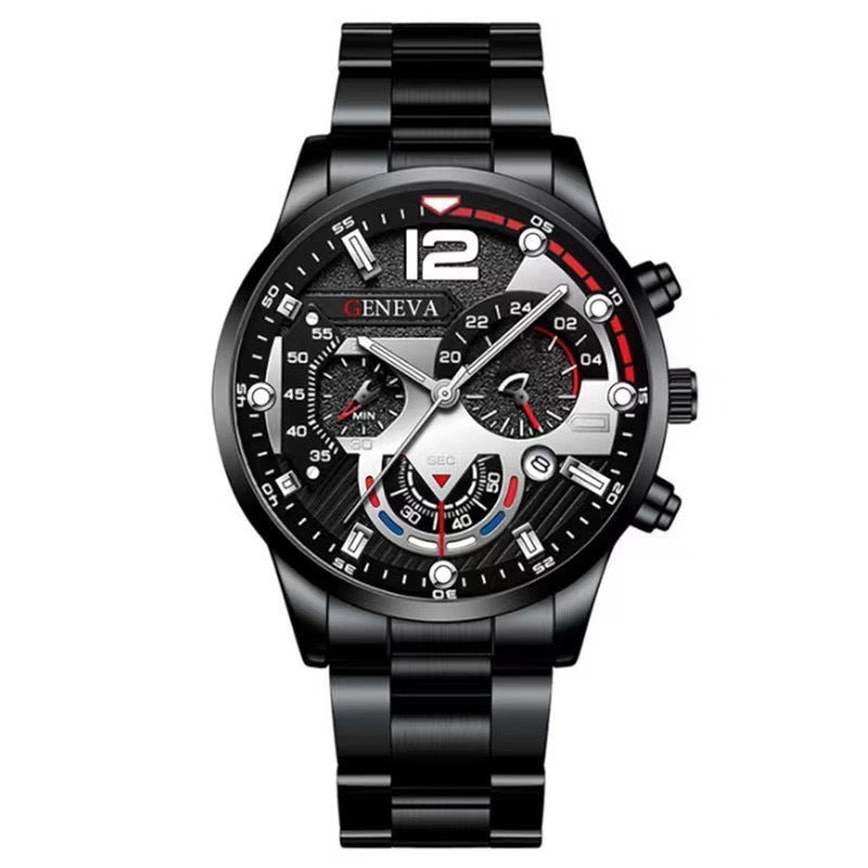 Men's 2-Piece Quartz Watch & Bracelet Set – Fashion Steel Strap Business Watch with Three-Eye Dial