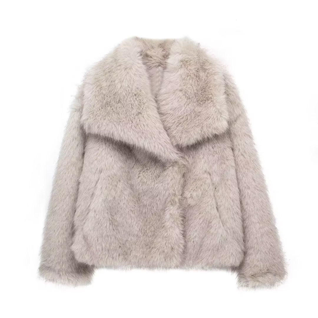 Women's Winter Plush Coat – Thick Lapel Casual Outerwear with Long Sleeves