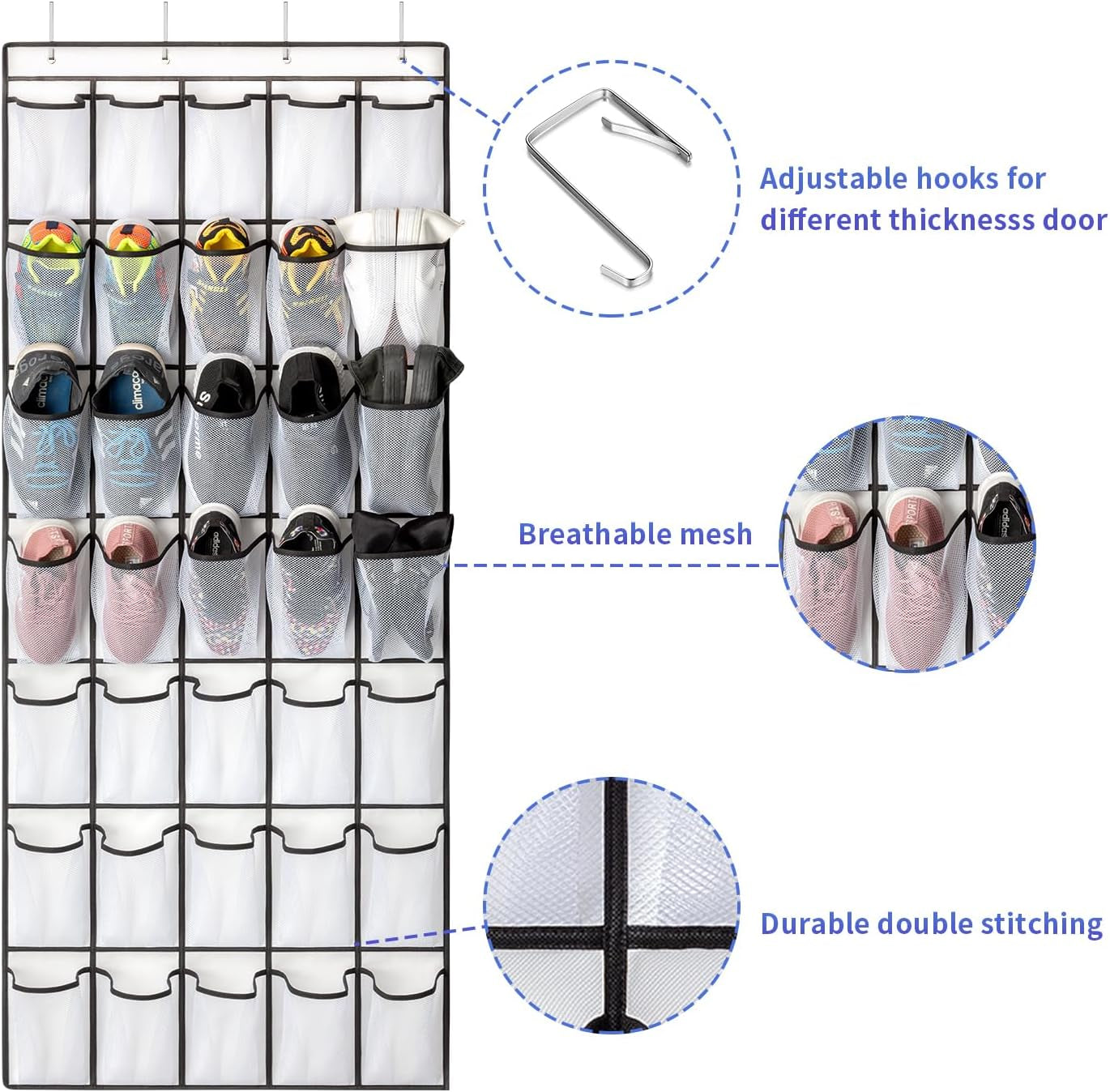 35 Pockets over the Door Shoe Organizer, Hanging Shoe Organizer for Door Large Capacity Shoe Storage Bag with 4 Metal Hooks (White-1Pack)