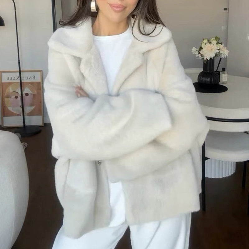 Women's Plush Fleece Winter Jacket – Loose Lapel Short Coat