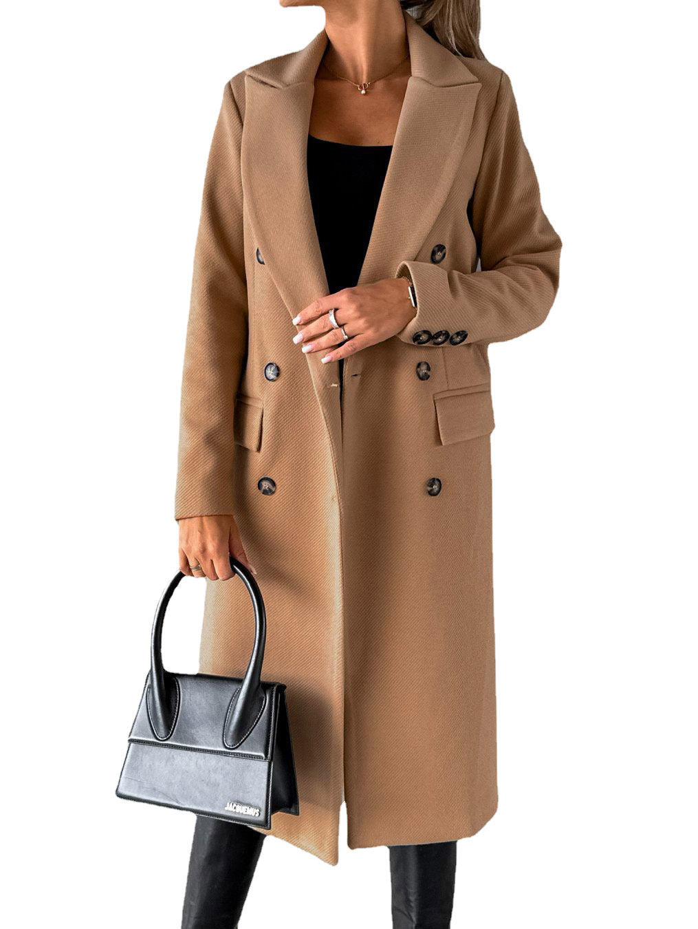 Women's Long Double-Breasted Winter Coat – Slim Fit Lapel Jacket with Long Sleeves