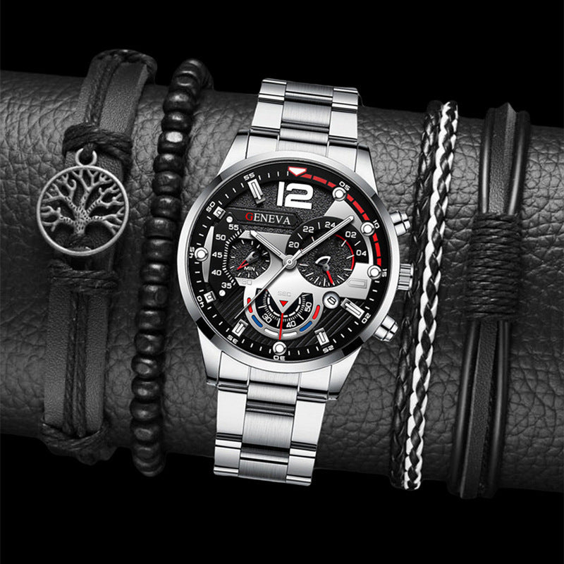 Men's 2-Piece Quartz Watch & Bracelet Set – Fashion Steel Strap Business Watch with Three-Eye Dial