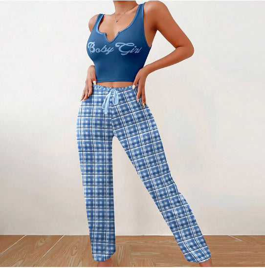 Women’s 2-Piece Plaid Pajama Set – Sleeveless Letter Print Top & Color-Block Trousers, Spring/Summer Loungewear