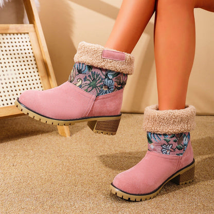 Women's Embroidered Ethnic Snow Boots – Warm Mid-Calf Winter Shoes with Platform & Thick Heel