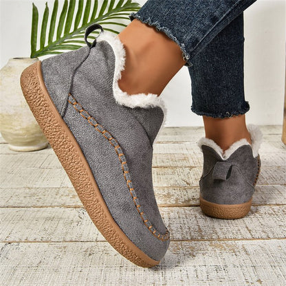 Women's V-Cut Plush Ankle Snow Boots – Warm Suede Flat Winter Shoes with Velvet Lining