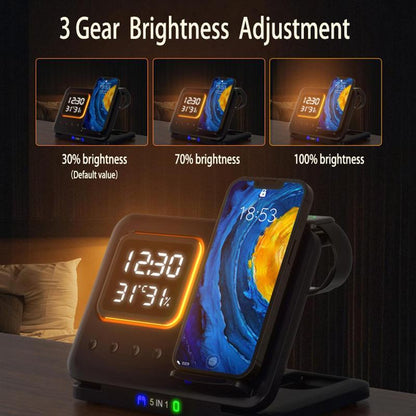 5-in-1 Wireless Charging Station – 15W Fast Charger Stand with LED Digital Alarm Clock