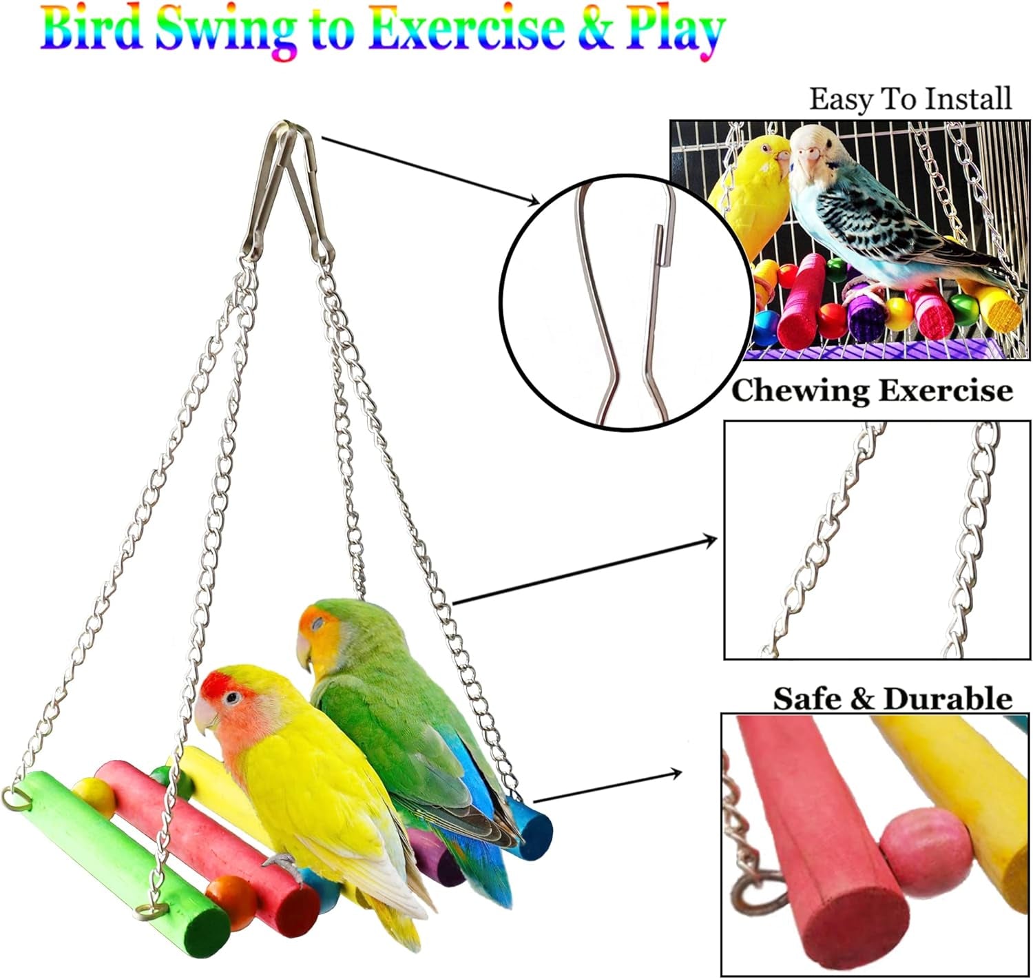 8 Pcs Bird Parakeet Cockatiel Parrot Toys, Hanging Bell Pet Bird Cage Hammock Swing Climbing Ladders Toy Wooden Perch Chewing Toy for Small Parrots, Conures, Love Birds, Finche