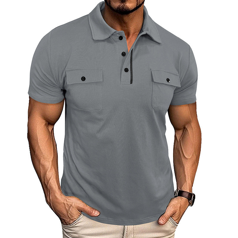 Men’s Summer Polo Shirt – Short Sleeve Button-Up with Lapel Collar & Pockets, Outdoor Casual Top
