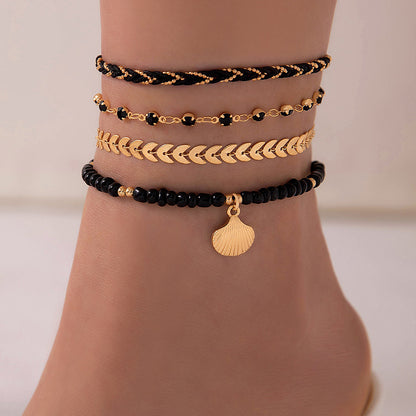 4-Piece Bohemian Anklet Set – Woven Rope & Geometric Alloy Foot Chains with Black Beads for Women