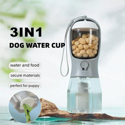 3-in-1 Portable Dog Water Bottle with Food Container & Waste Bag Dispenser – Travel Pet Supply