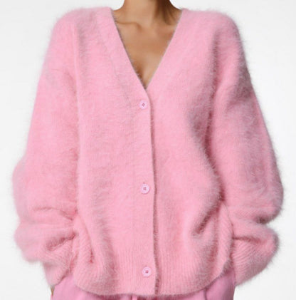 Women’s V-Neck Button Cardigan – Loose Knit Fall/Winter Sweater Top