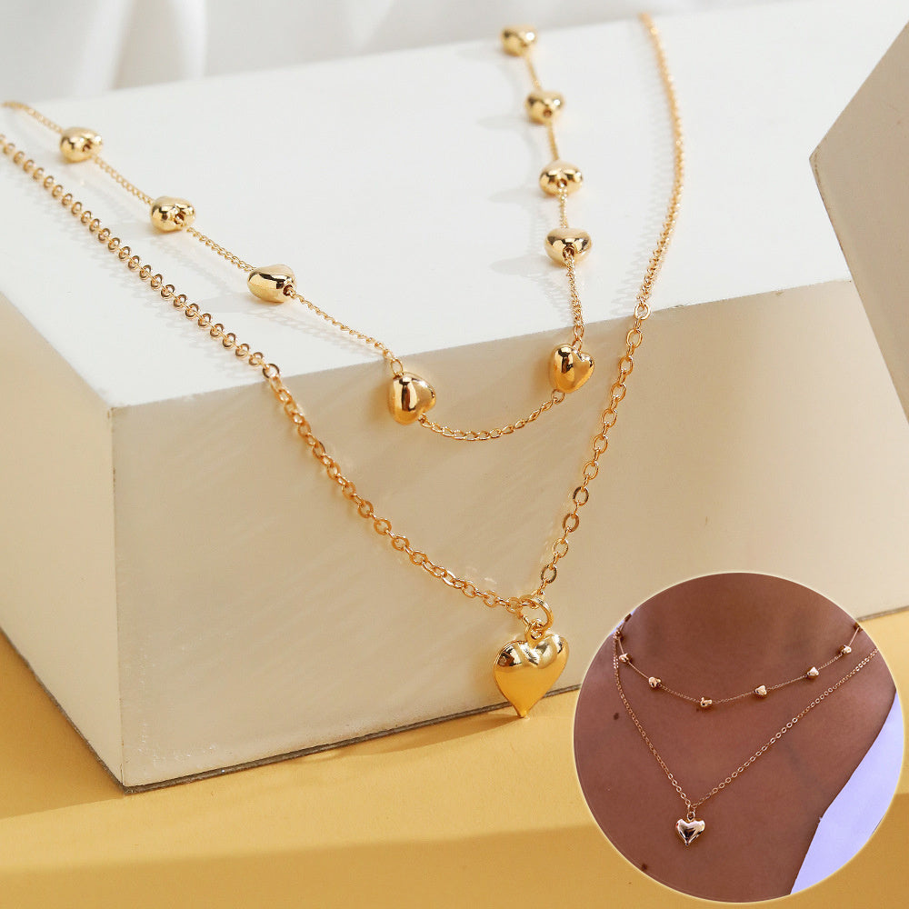Double-Layer Heart Pendant Necklace – Gold Multilayer Fine Chain Jewelry for Women