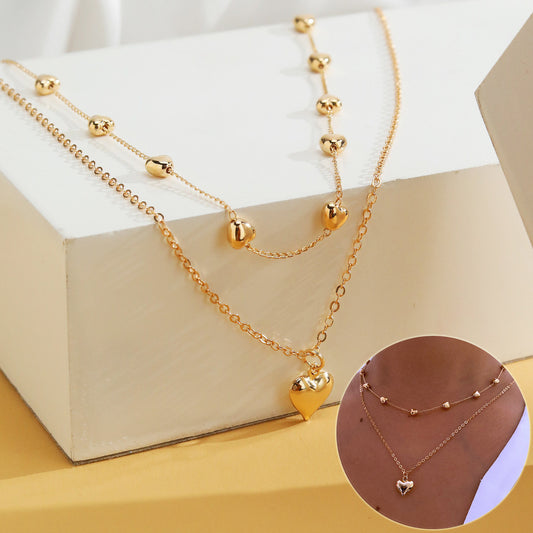 Double-Layer Heart Pendant Necklace – Gold Multilayer Fine Chain Jewelry for Women