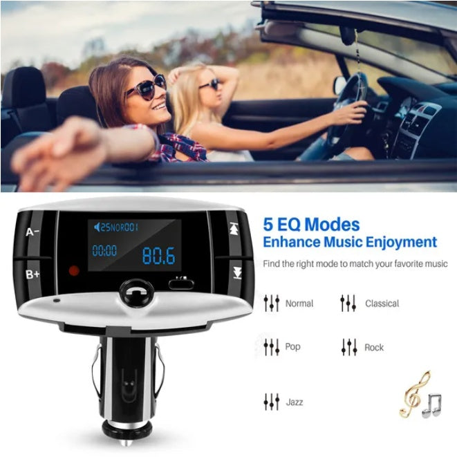 Car Wireless FM Transmitter – Bluetooth Audio Adapter with Hands-Free Calling & USB Charging