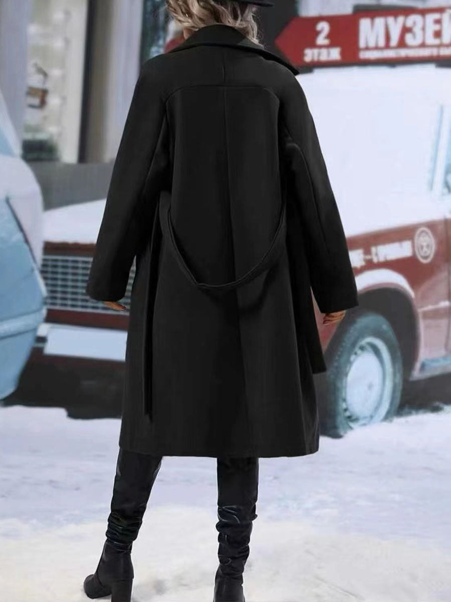 Women's Winter Trench Coat – Long Solid Color Belted Jacket with Lapel Collar