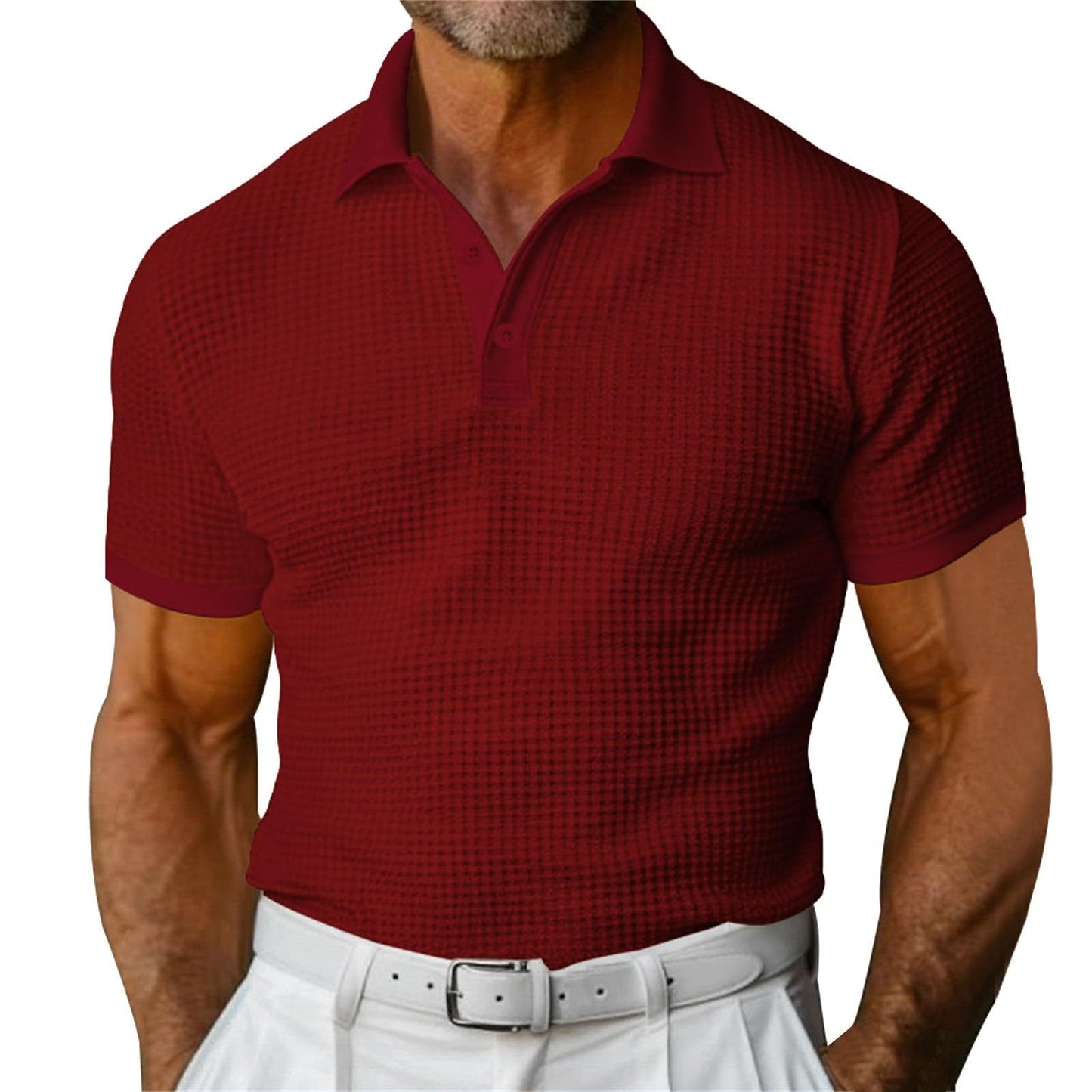 Men’s Waffle Knit Polo Shirt – Short Sleeve Summer Lapel Top