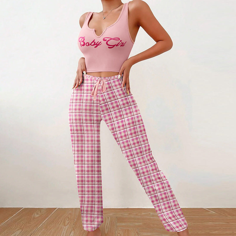 Women’s 2-Piece Plaid Pajama Set – Sleeveless Letter Print Top & Color-Block Trousers, Spring/Summer Loungewear