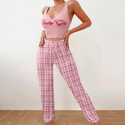 Women’s 2-Piece Plaid Pajama Set – Sleeveless Letter Print Top & Color-Block Trousers, Spring/Summer Loungewear