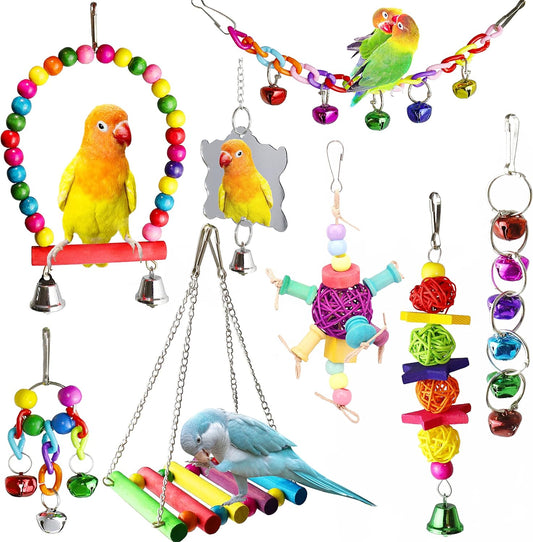 8 Pcs Bird Parakeet Cockatiel Parrot Toys, Hanging Bell Pet Bird Cage Hammock Swing Climbing Ladders Toy Wooden Perch Chewing Toy for Small Parrots, Conures, Love Birds, Finche