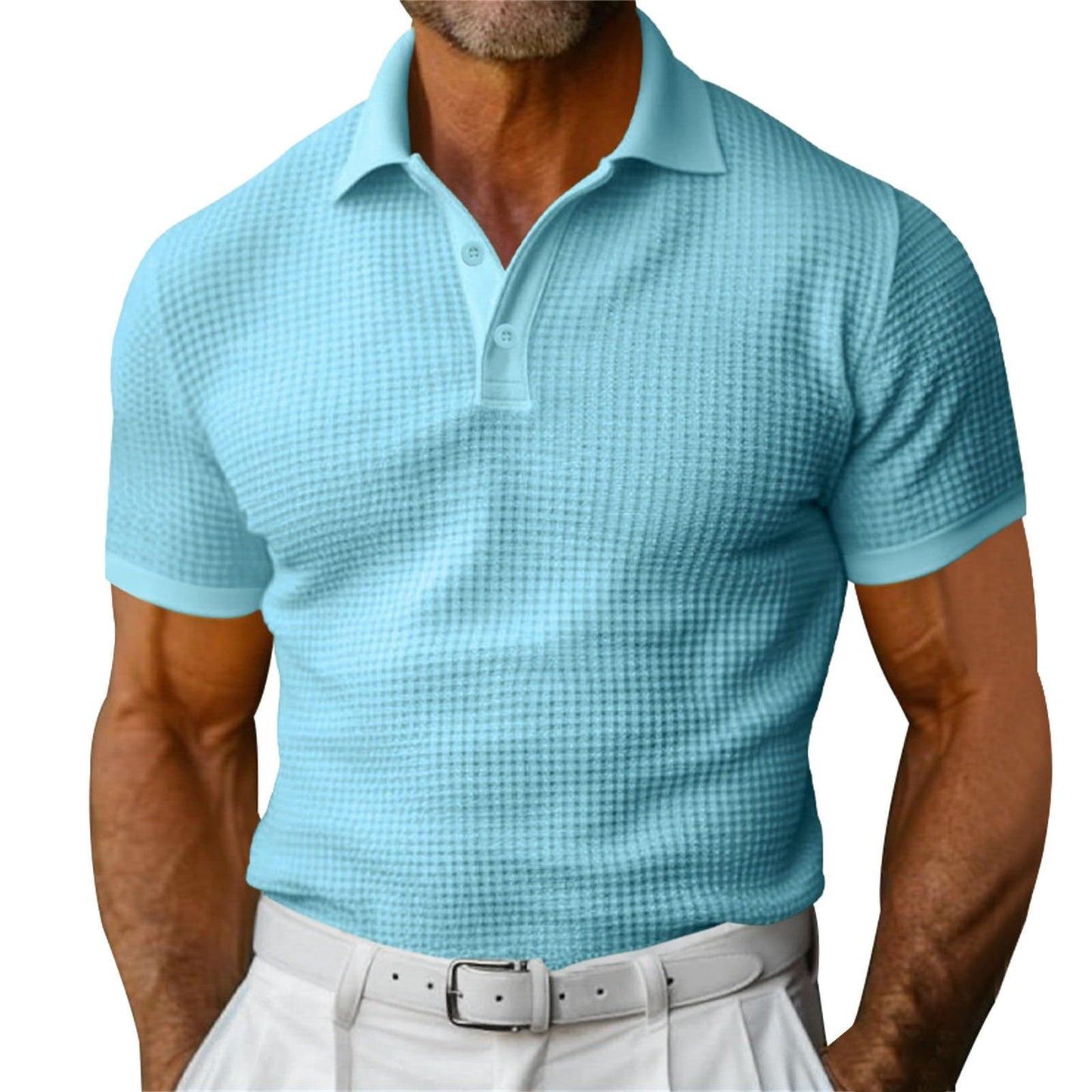 Men’s Waffle Knit Polo Shirt – Short Sleeve Summer Lapel Top