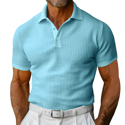 Men’s Waffle Knit Polo Shirt – Short Sleeve Summer Lapel Top