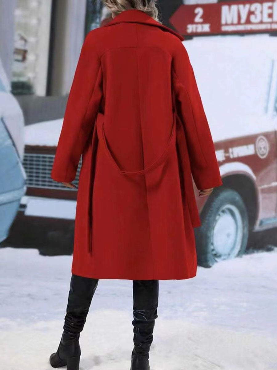 Women's Winter Trench Coat – Long Solid Color Belted Jacket with Lapel Collar