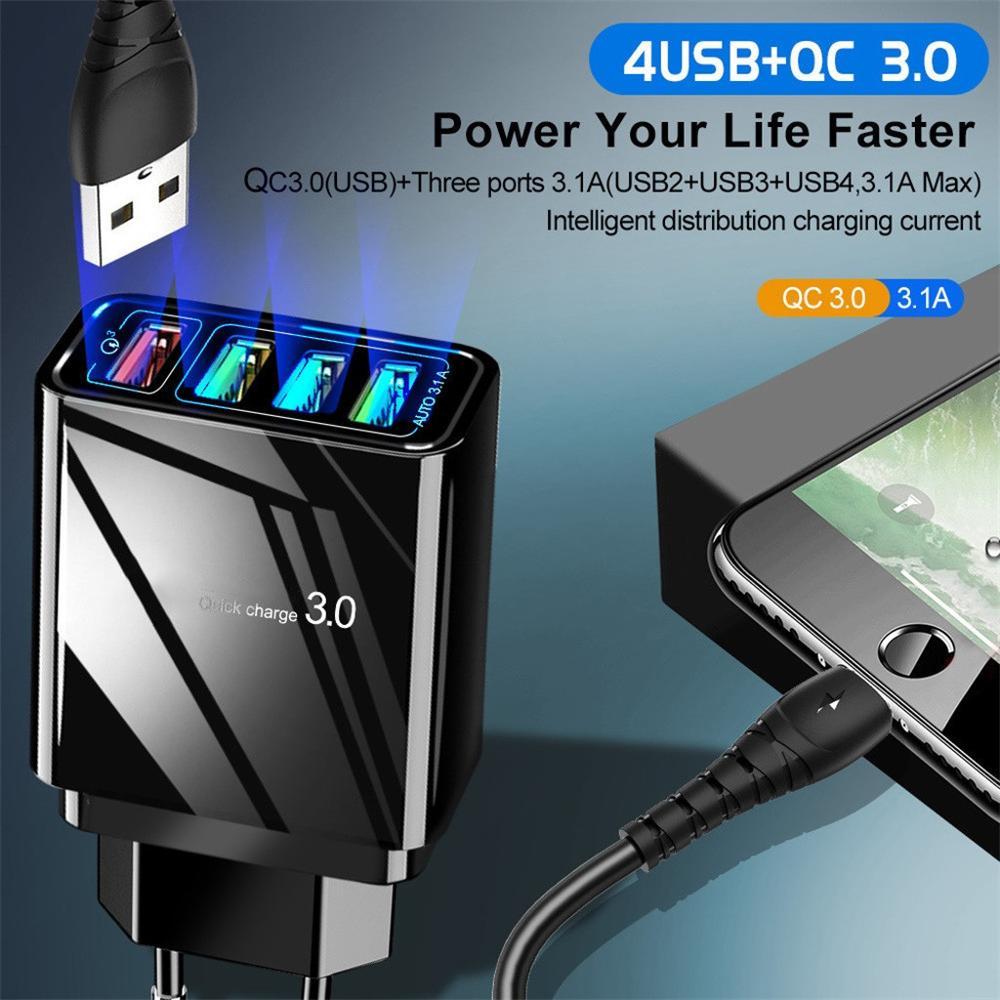 3A Illuminated USB Wall Charger – 4-Port Fast Charging Adapter for Mobile Devices