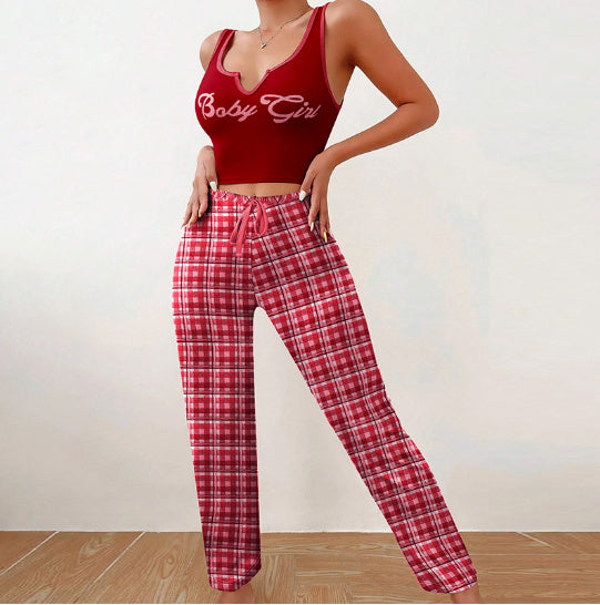 Women’s 2-Piece Plaid Pajama Set – Sleeveless Letter Print Top & Color-Block Trousers, Spring/Summer Loungewear