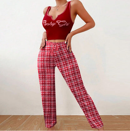 Women’s 2-Piece Plaid Pajama Set – Sleeveless Letter Print Top & Color-Block Trousers, Spring/Summer Loungewear