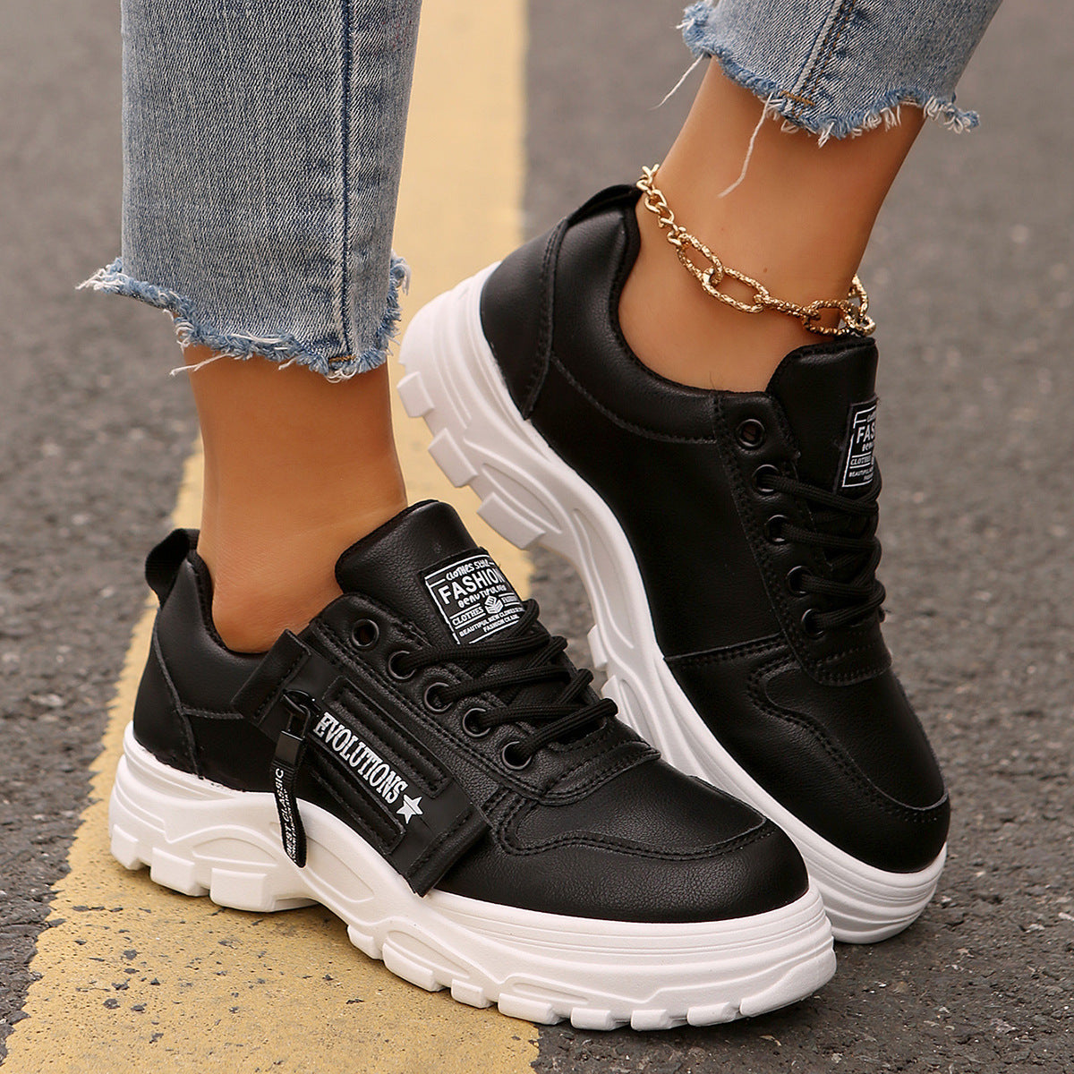 Women's Lace-Up Sports Sneakers – Thick-Soled Round Toe Shoes with Side-Zipper Design