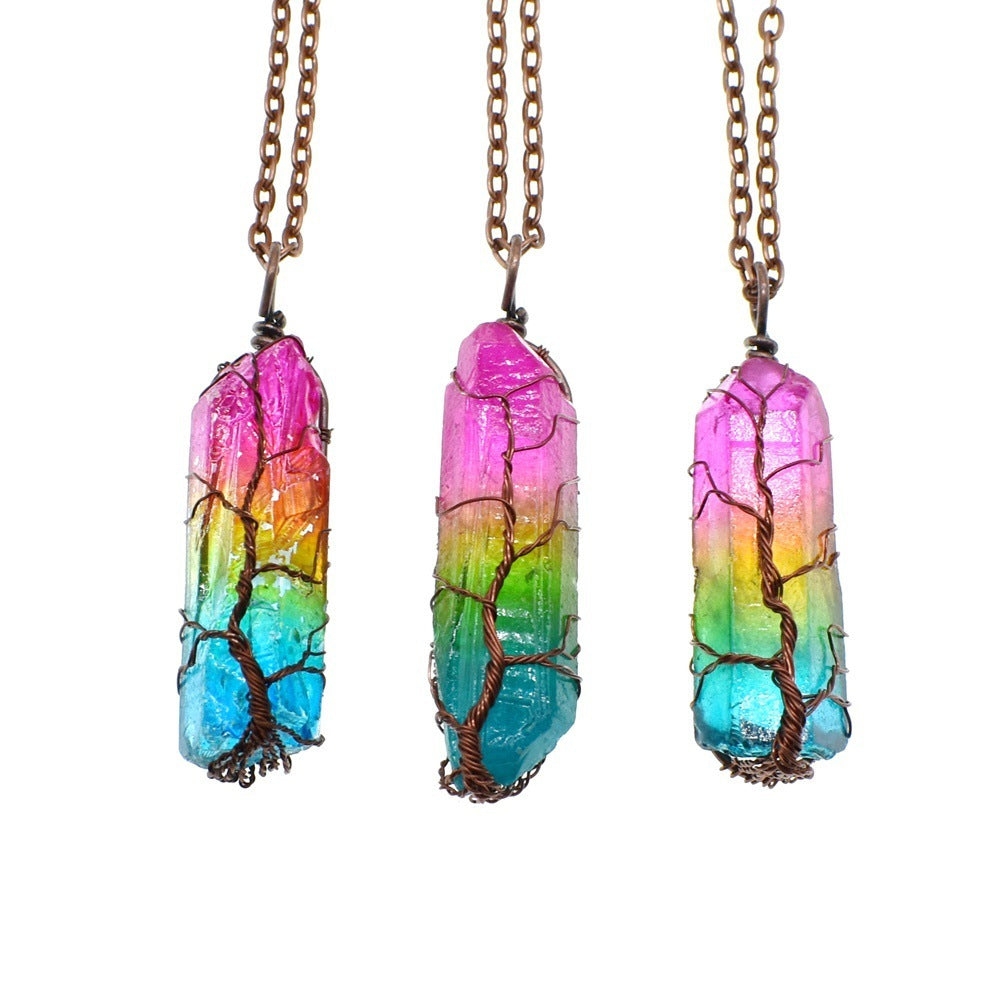 Tree of Life Crystal Pillar Pendant Necklace – Boho Stone Charm Jewelry for Women