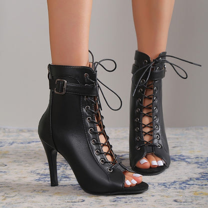 Women’s Peep Toe High Heel Sandals – Lace-Up Buckle Pumps with Back Zipper Design