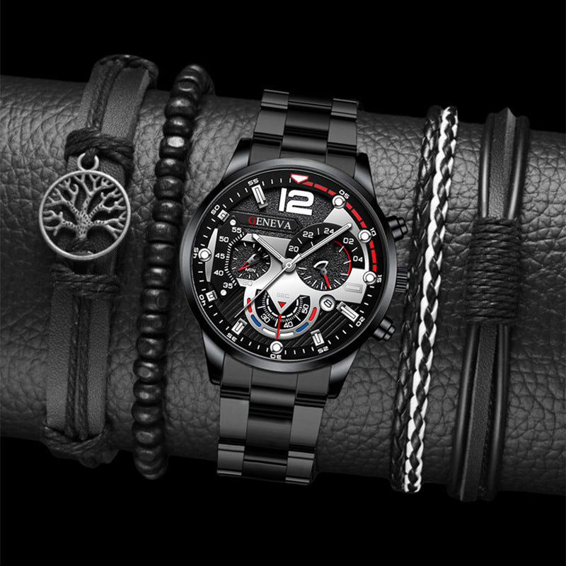 Men's 2-Piece Quartz Watch & Bracelet Set – Fashion Steel Strap Business Watch with Three-Eye Dial
