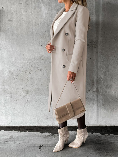 Women's Long Double-Breasted Winter Coat – Slim Fit Lapel Jacket with Long Sleeves
