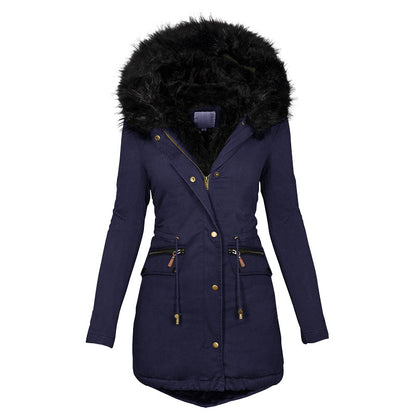 Women’s Mid-Length Warm Cotton Coat – Solid Color Hooded Jacket with Fur Collar