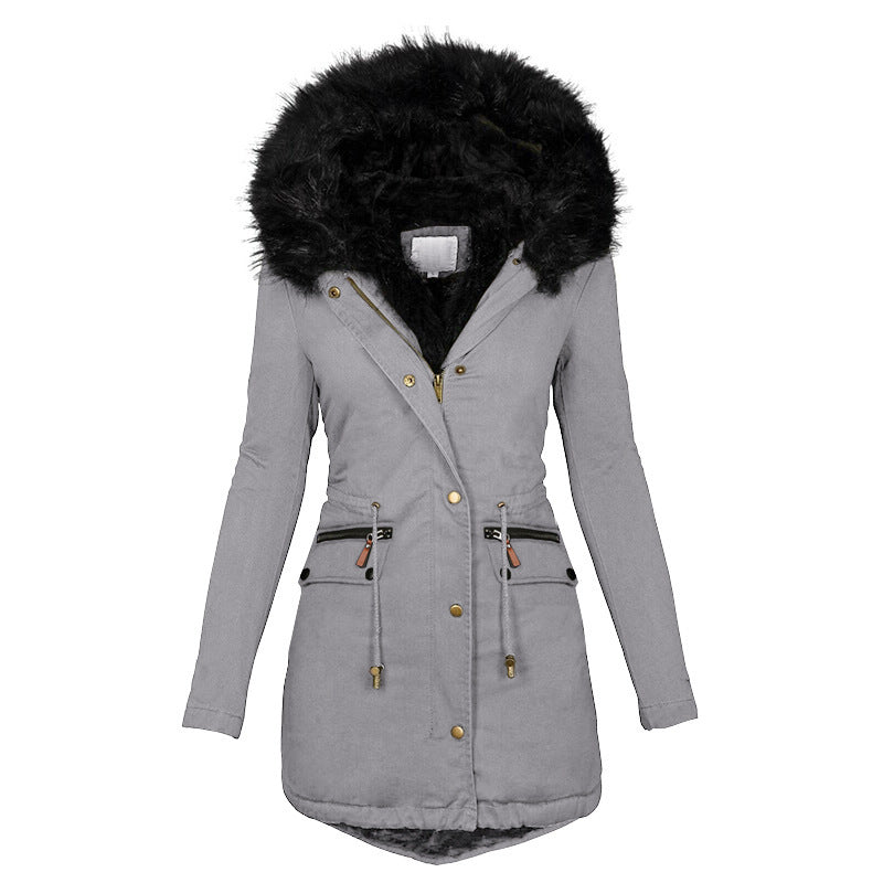 Women’s Mid-Length Warm Cotton Coat – Solid Color Hooded Jacket with Fur Collar