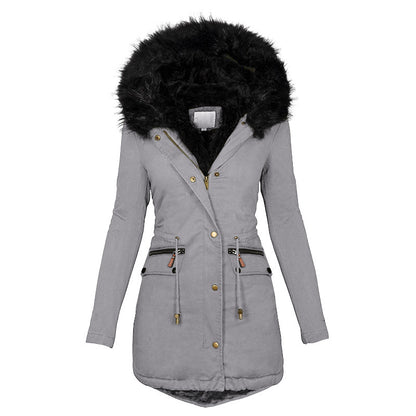 Women’s Mid-Length Warm Cotton Coat – Solid Color Hooded Jacket with Fur Collar