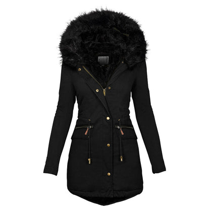 Women’s Mid-Length Warm Cotton Coat – Solid Color Hooded Jacket with Fur Collar