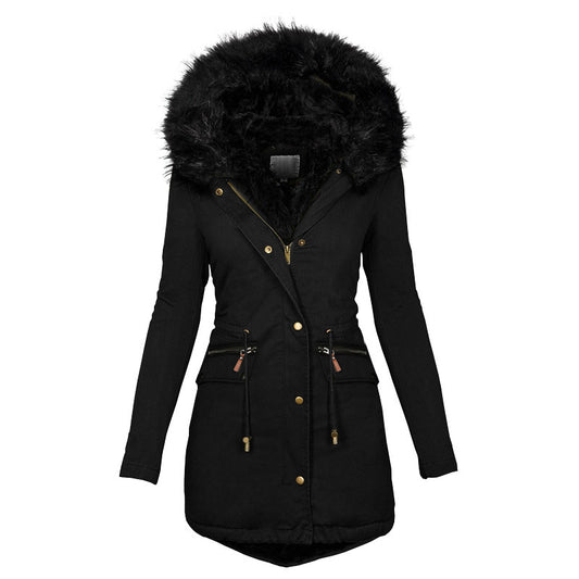 Women’s Mid-Length Warm Cotton Coat – Solid Color Hooded Jacket with Fur Collar