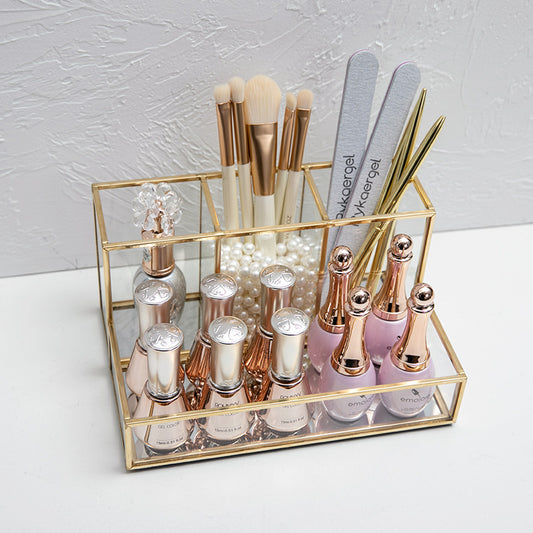 Luxury Glass Makeup Organizer – Bathroom Vanity Storage Box with Gold Metal Frame